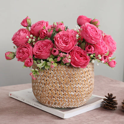 1pcs/30cm Rose Pink Silk Bouquet Peony Artificial Flower 5 Big Head 4 Small Bud Bride Wedding Home Decoration Artifi