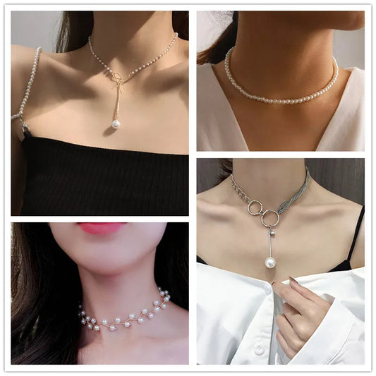 New Korean Pearl Necklaces for Women Gold Color Link Chain Choker Fashion Neck Accessories Elegant Collar Bijoux Femme