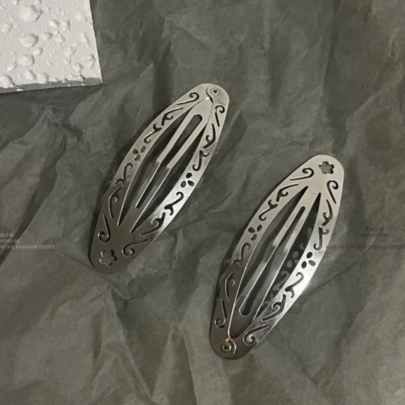 Vintage Hollowed Out Pattern Hair Clips Y2K Geometric Silver Oval Snap Hairclips Punk Metal Side Hairpin Korean Hair Accessor