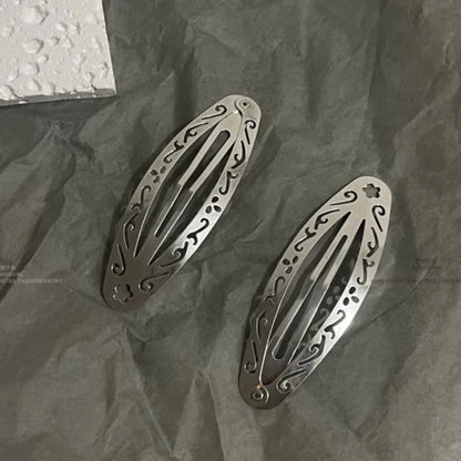 Vintage Hollowed Out Pattern Hair Clips Y2K Geometric Silver Oval Snap Hairclips Punk Metal Side Hairpin Korean Hair Accessor