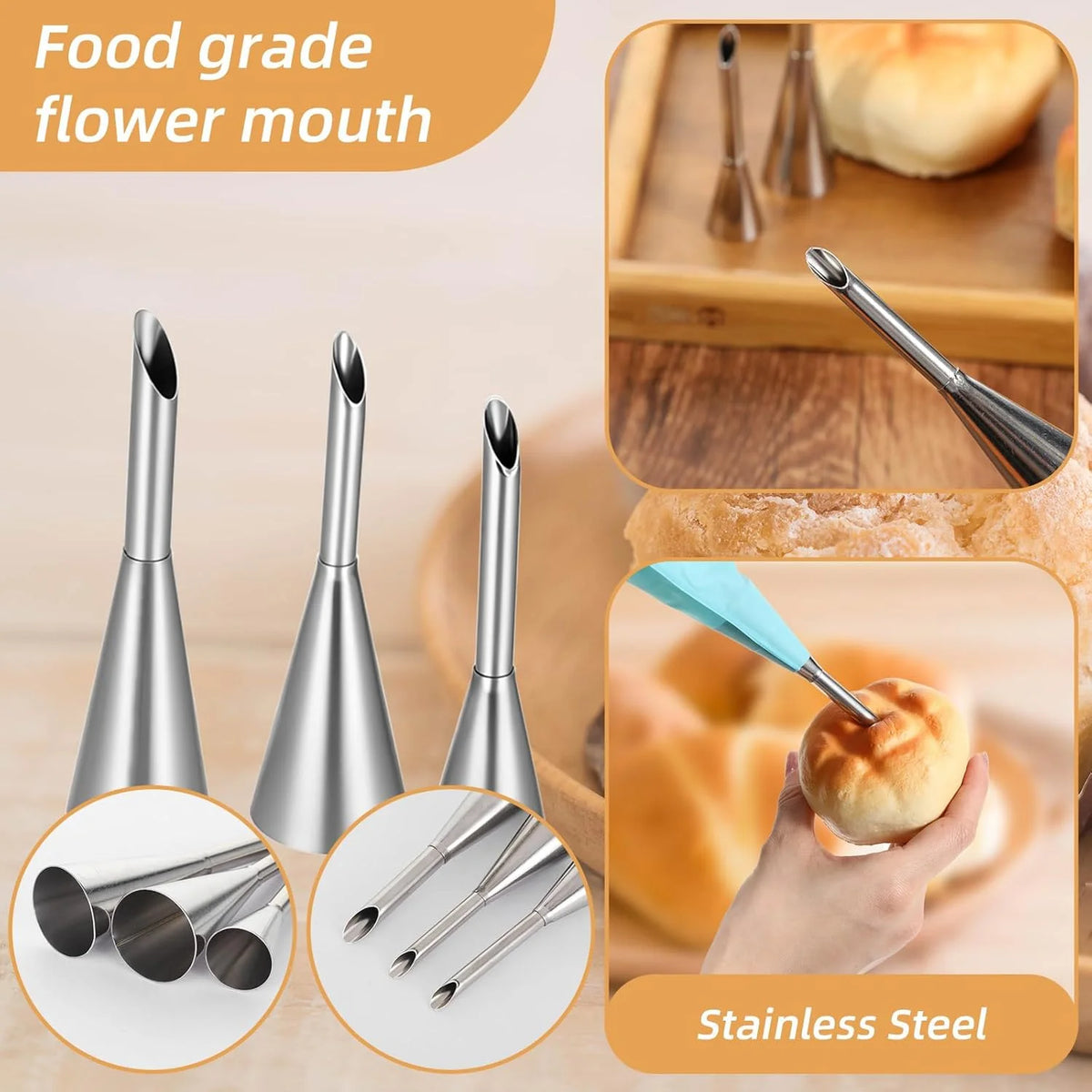 4Pcs Puff Pastry Piping Nozzle Set, Stainless Steel Decorating Tips for Cake Cupcake Cookie Cream Icing, Baking Tools for Bak