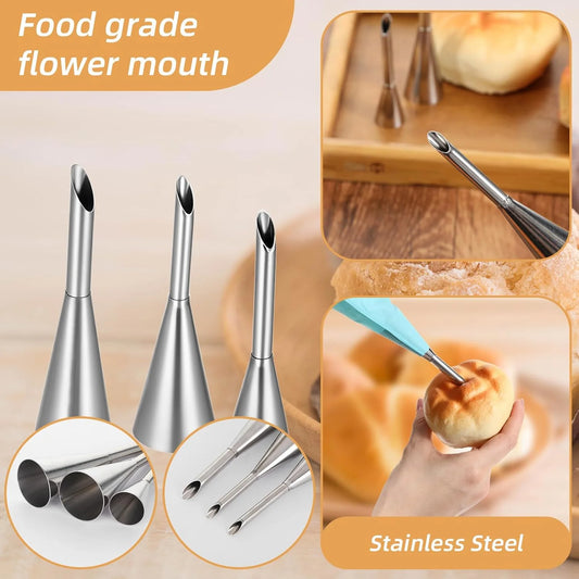 4Pcs Puff Pastry Piping Nozzle Set, Stainless Steel Decorating Tips for Cake Cupcake Cookie Cream Icing, Baking Tools for Bak