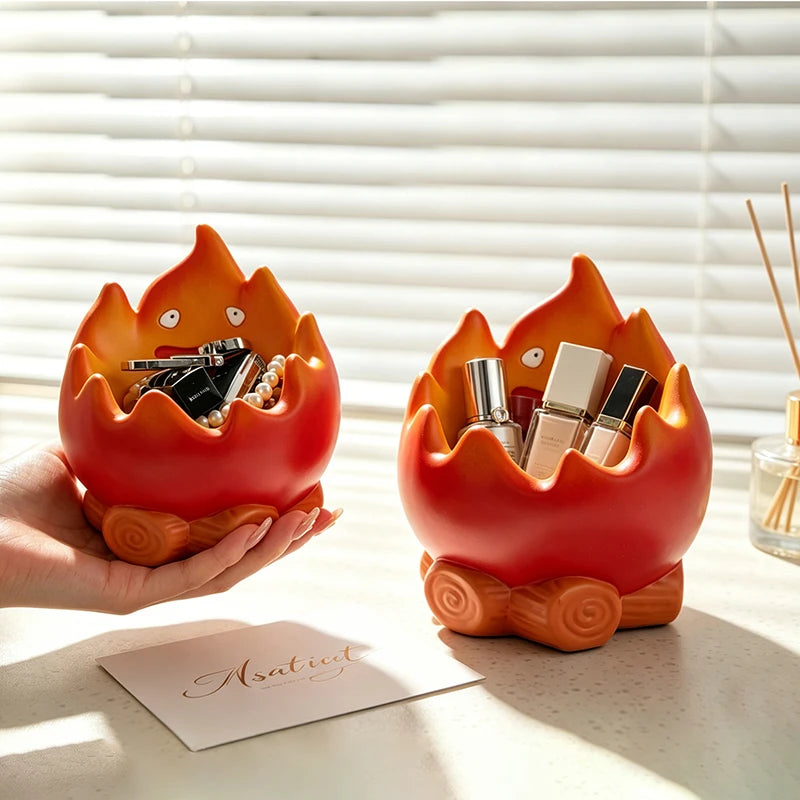 Creative Cartoon Flame Resin Storage Organizer Cute Campfire Figurine Box for Keys Cosmetics Jewelry and Home Decoration