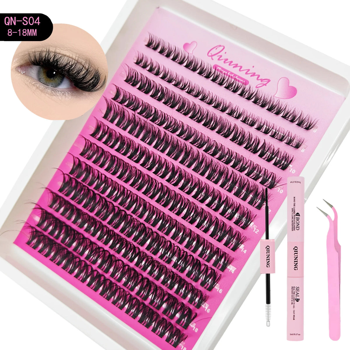 QIUNING Manga Lash Clusters Kit Cat Lashes with Lash Bond & Seal Cluster Eyelash Extensions Mixed Tray Eyelash Clusters Kit -