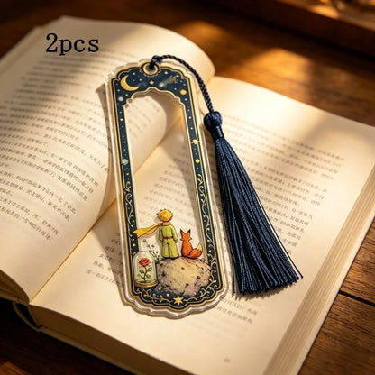 2pcs Vintage Little Prince Acrylic Bookmark, Starry Moon Fox Rose Print Page Marker with Navy Tassel,Reading Accessory Gift