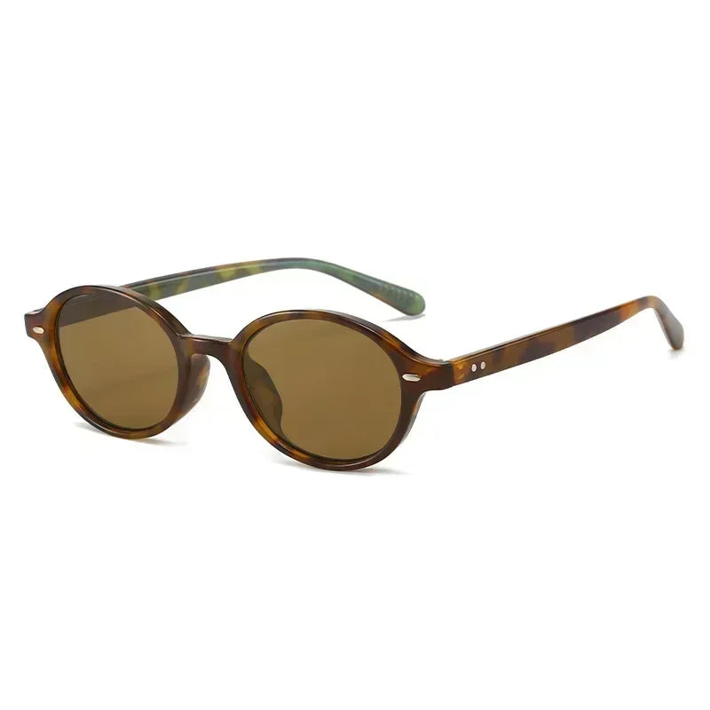 Retro Small Oval Sunglasses Women Men Rivets Shades Fashion Eyewear Luxury Sun Glasses UV400 Female - Leopard Tea