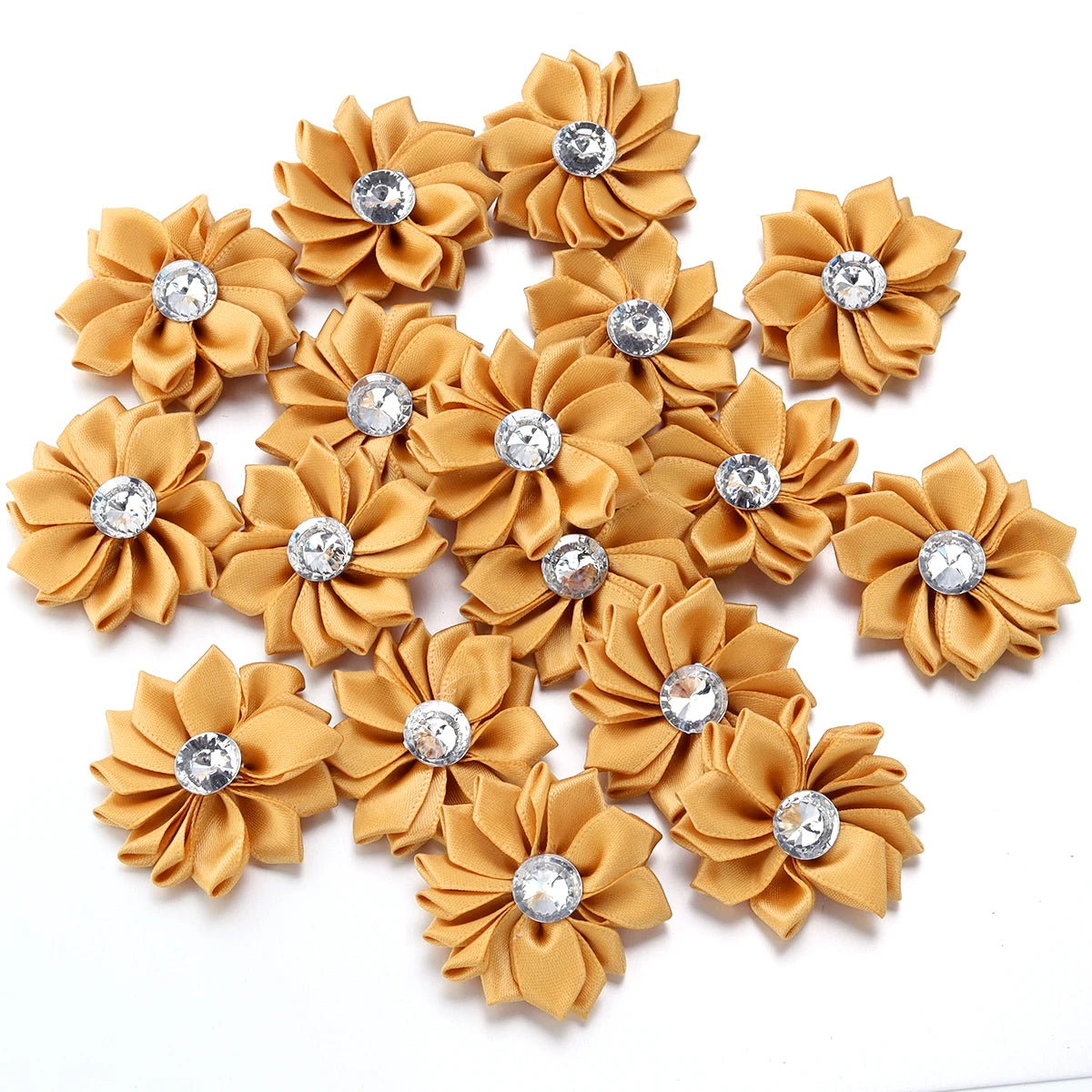 20pcs/lot 40mm Mini Inlaid Rhinestones Small Handmade DIY Satin Ribbon Flowers Head Decorate Clothing Supplies Accessories