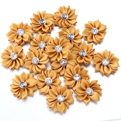 20pcs/lot 40mm Mini Inlaid Rhinestones Small Handmade DIY Satin Ribbon Flowers Head Decorate Clothing Supplies Accessories