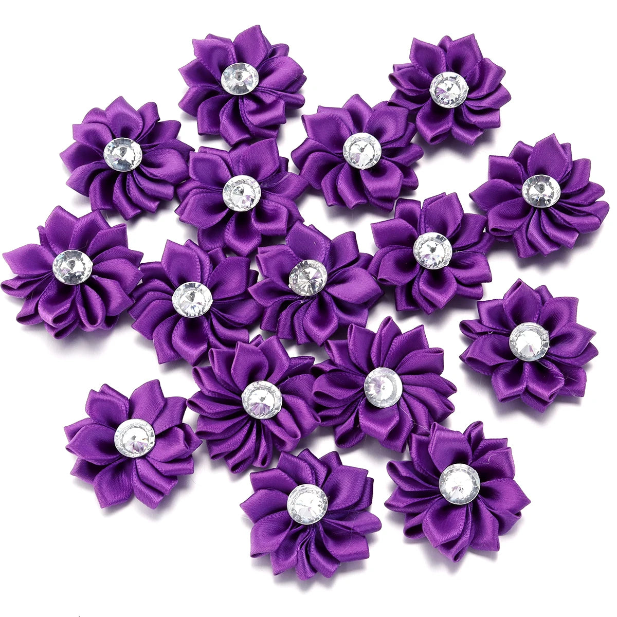 20pcs/lot 40mm Mini Inlaid Rhinestones Small Handmade DIY Satin Ribbon Flowers Head Decorate Clothing Supplies Accessories