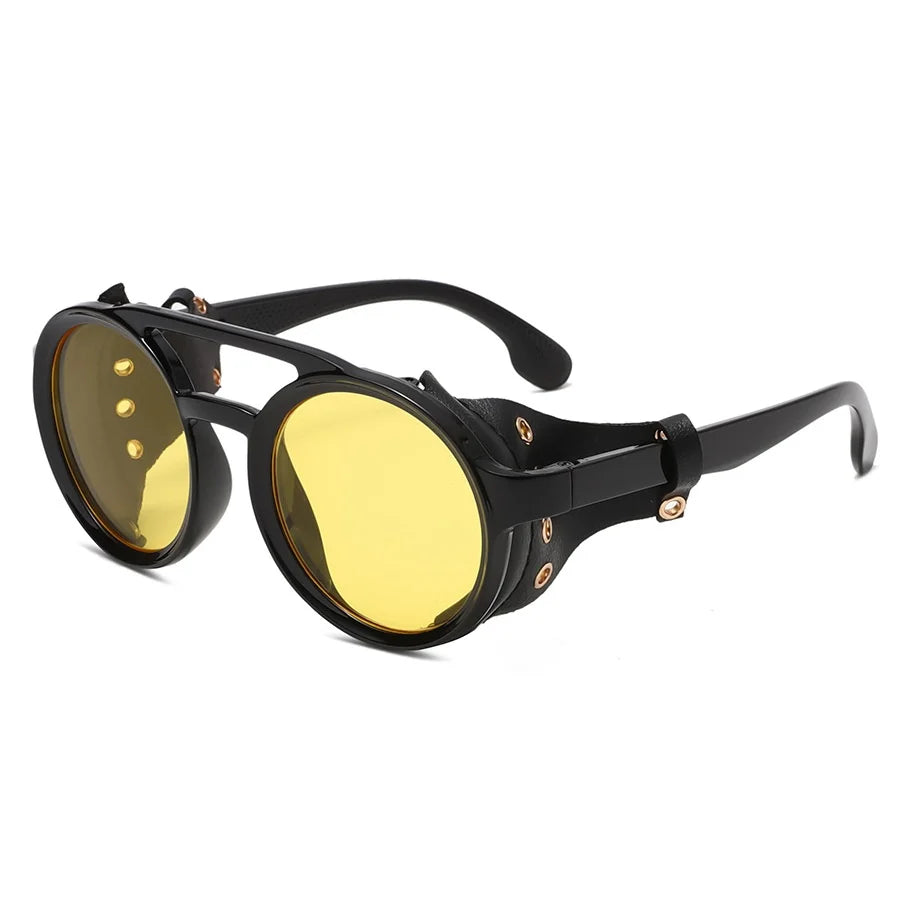 Retro Sunglasses Men Women Leather Round Glasses Vintage Goggles Anti Wind Outdoors Sports Sun Glasses UV400 - Yellow