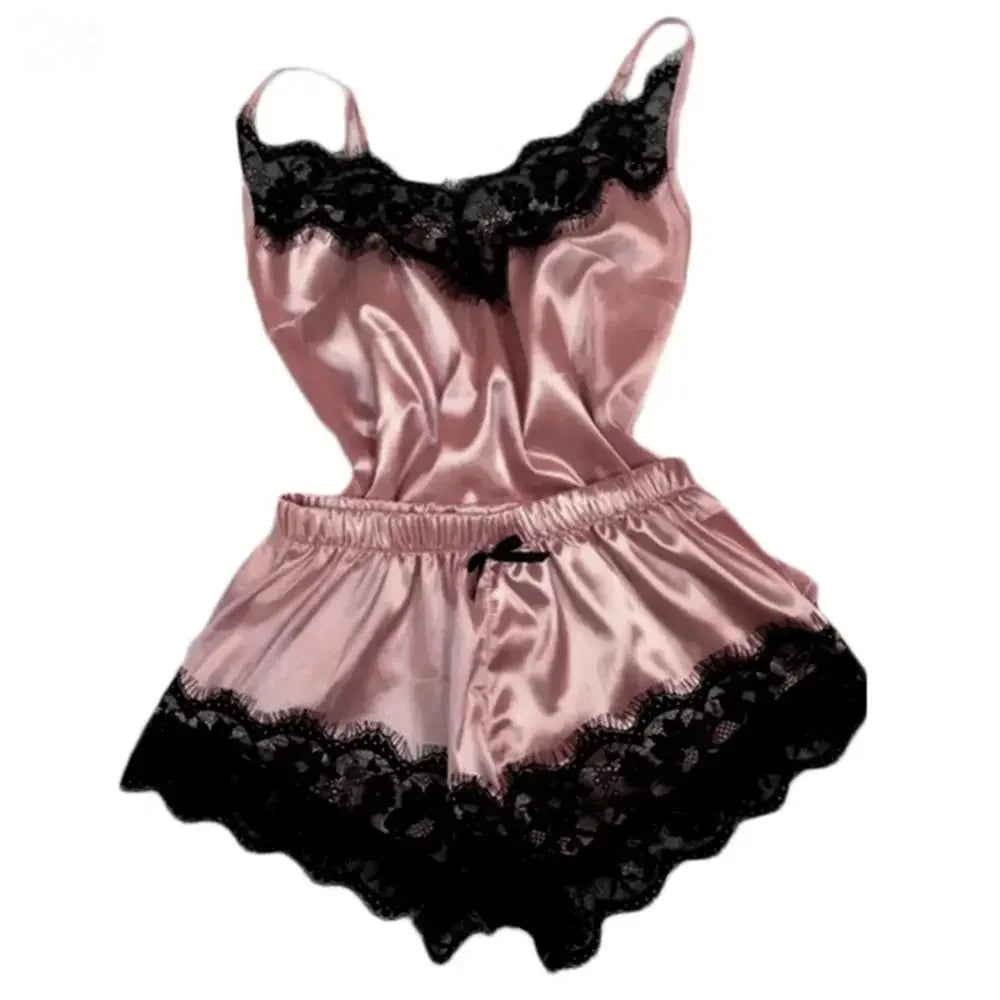 Lace Satin Pajama Set for Women Sleepwear V-Neck Stretch Sexy Lingerie Strap Vest Top Shorts Nightwear Pijamas - Lotus Color 