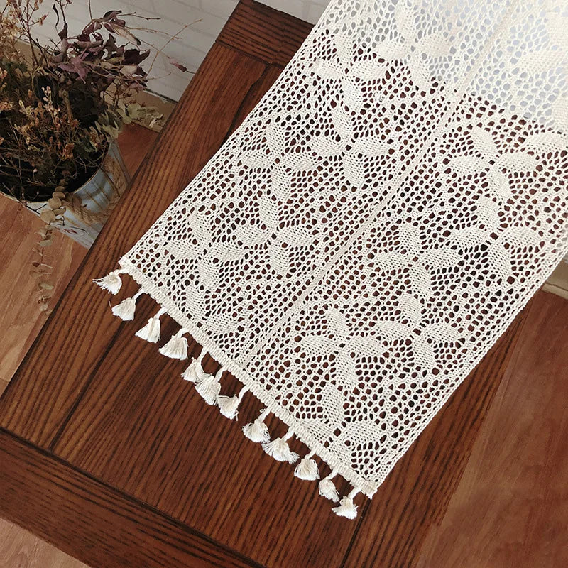 Table Runner Beige Christmas Crochet Lace Cotton Blended Fabric with Tassel For Coffee Table Decor Wedding Decoration - Table