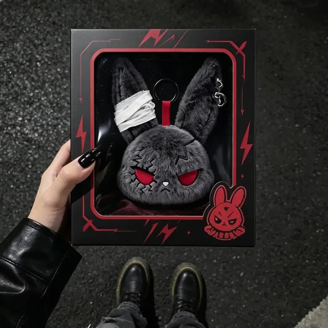 Hot Gothic Bunny Plush Keychain RabbitBag Charm with Bandage Desian Kawaii Key Ring Pendant Car Bag Ornament Gift To