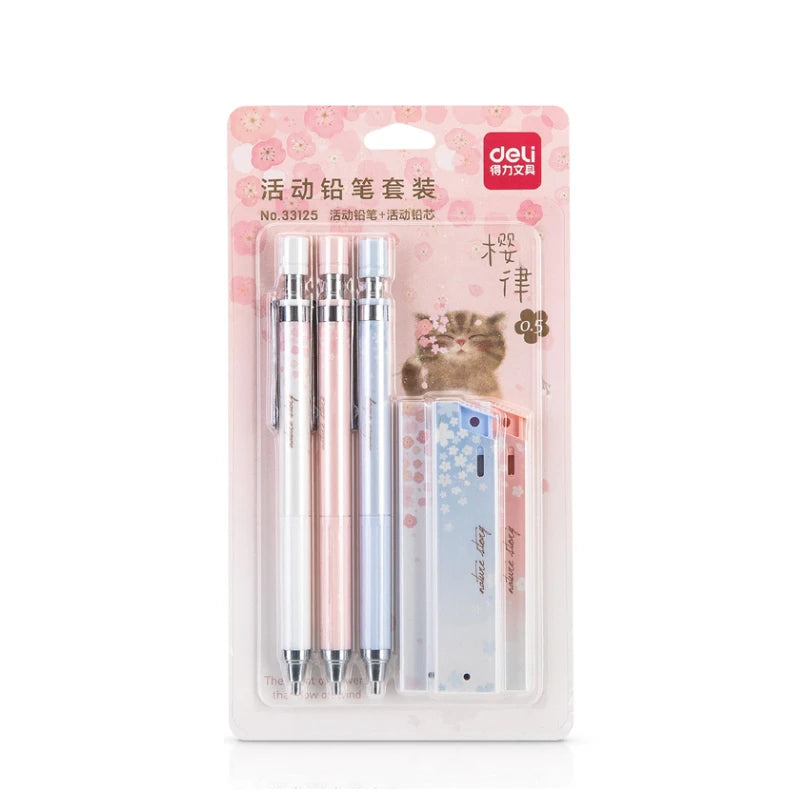 DELI Mechanical Pencil Set With HB Lead Replacement Retractable Pencils Refill for Students Stationery - 1set