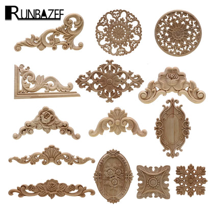 1Pc Unique Natural Floral Wood Carved Wooden Figurines Crafts Corner Appliques Frame Wall Door Furniture Woodcarving Decorati