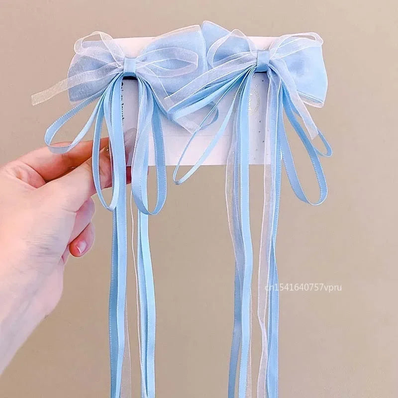 1 Pair Fashion Fairy Ribbon Bow Hairpins For Kids Long Ribbon Hair Clip Barrettes Headband Headdress Girls Hair Accessories -