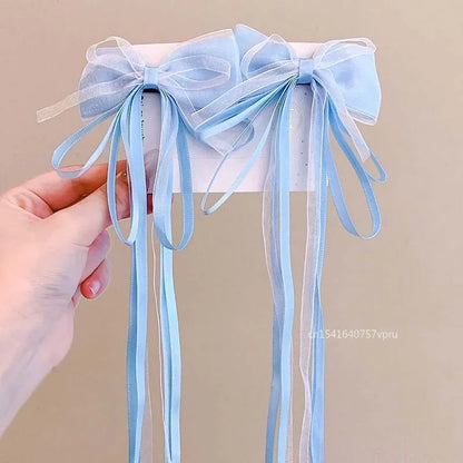 1 Pair Fashion Fairy Ribbon Bow Hairpins For Kids Long Ribbon Hair Clip Barrettes Headband Headdress Girls Hair Accessories -