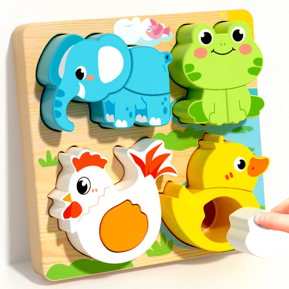 4-in-1 Wooden Toys 3D Wood Puzzle Cartoon Animals Cognitive Jigsaw Puzzle Early Learning Educational Toys For Children Gift -