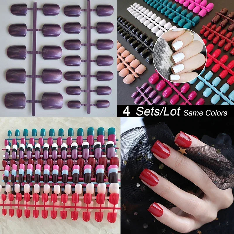4 Sets/lot Mixed Colors False Nail Tips Short Full Cover Square Fake Nails Comfortable Multicolor Press On Nails Nail DIY