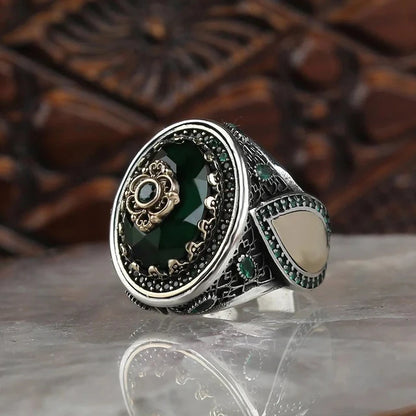 Retro Handmade Turkish Signet Ring for Men Vintage Silver Color Carving Pattern Inlay Green Zircon Party Punk Motor Biker Rin