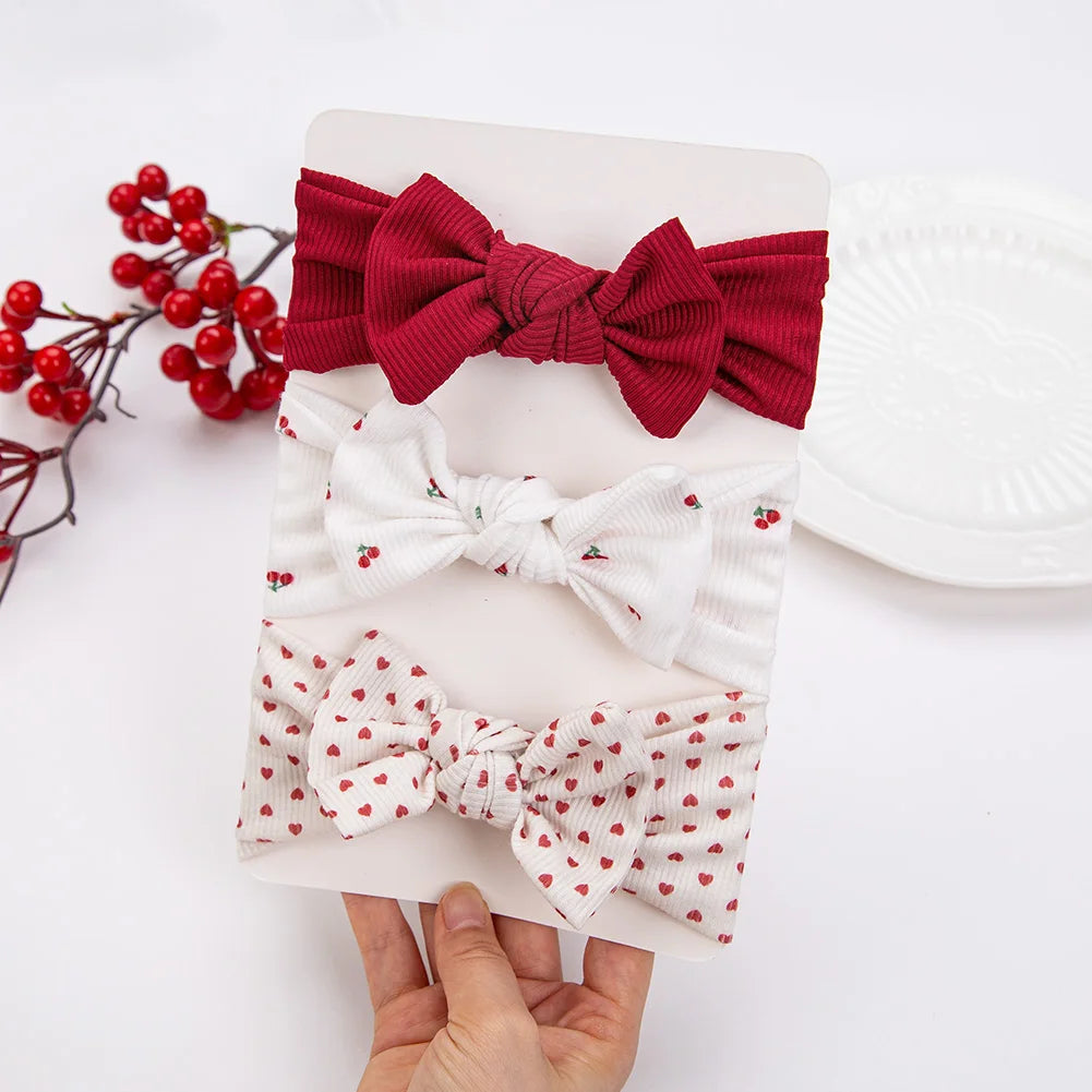3Pcs/lot Ins Ribbed Baby Girls Headbands Floral Red Heart Dasiy Print Bows Elastic Hair Bands Toddler Vintage Hair Accessorie