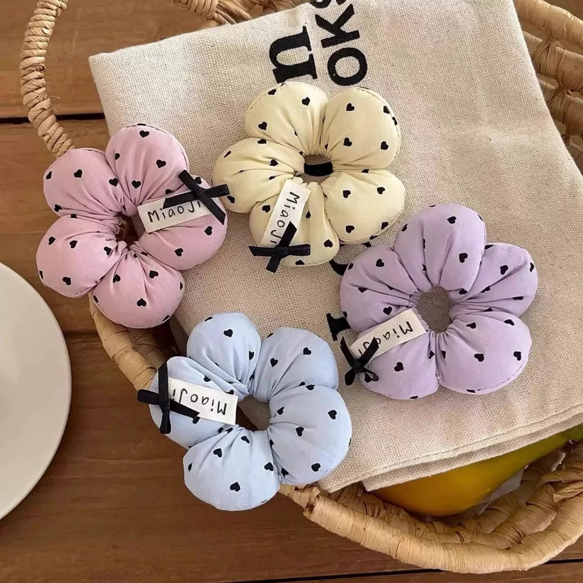 1PC Cute Flower - Shaped Hair Scrunchies for Kids, Heart - Printed Elastic Hair Ties, Sweet Hair Accessories for Girls
