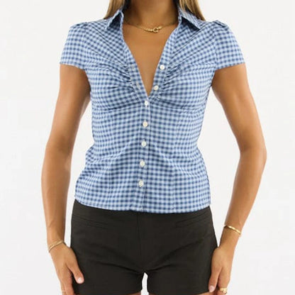 Women Short Sleeve Button Down Shirts Vintage Stripe Print Slim Fitted Cropped Collared Blouse Elegant Lady Business Shirts