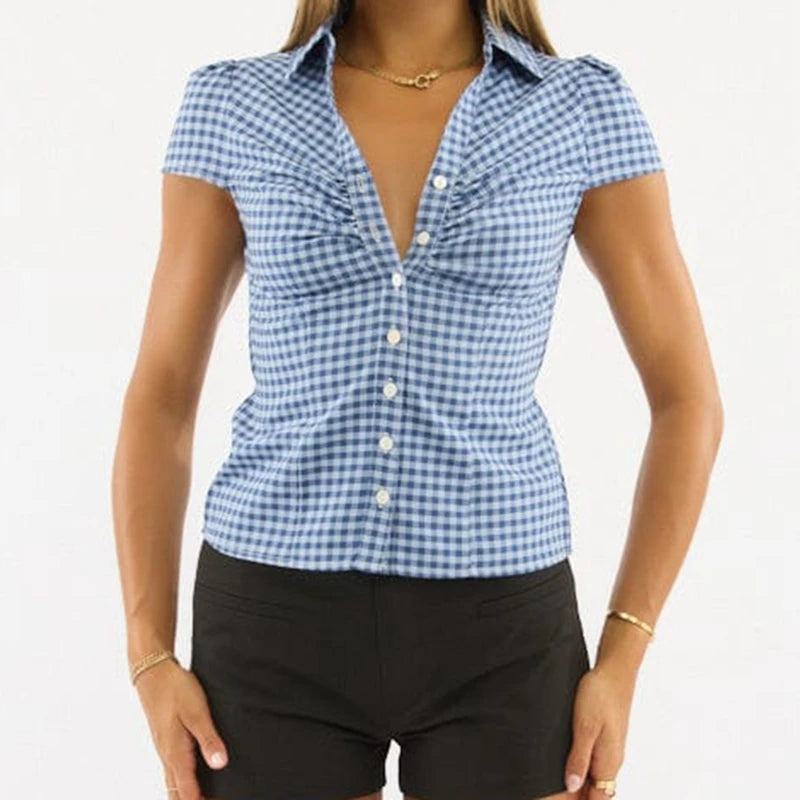 Women Short Sleeve Button Down Shirts Vintage Stripe Print Slim Fitted Cropped Collared Blouse Elegant Lady Business Shirts -