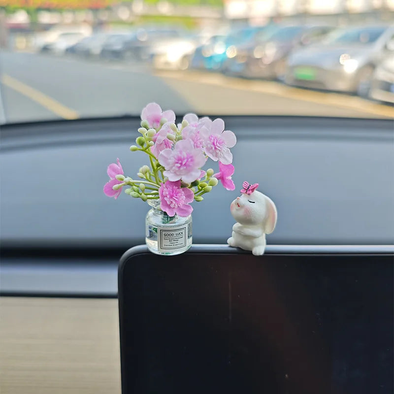 Spring Car Interior Decor - Adorable Resin Dashboard Vase, Mini Cute Window Sill Flower Pot with Car Healing Doll Ornaments -