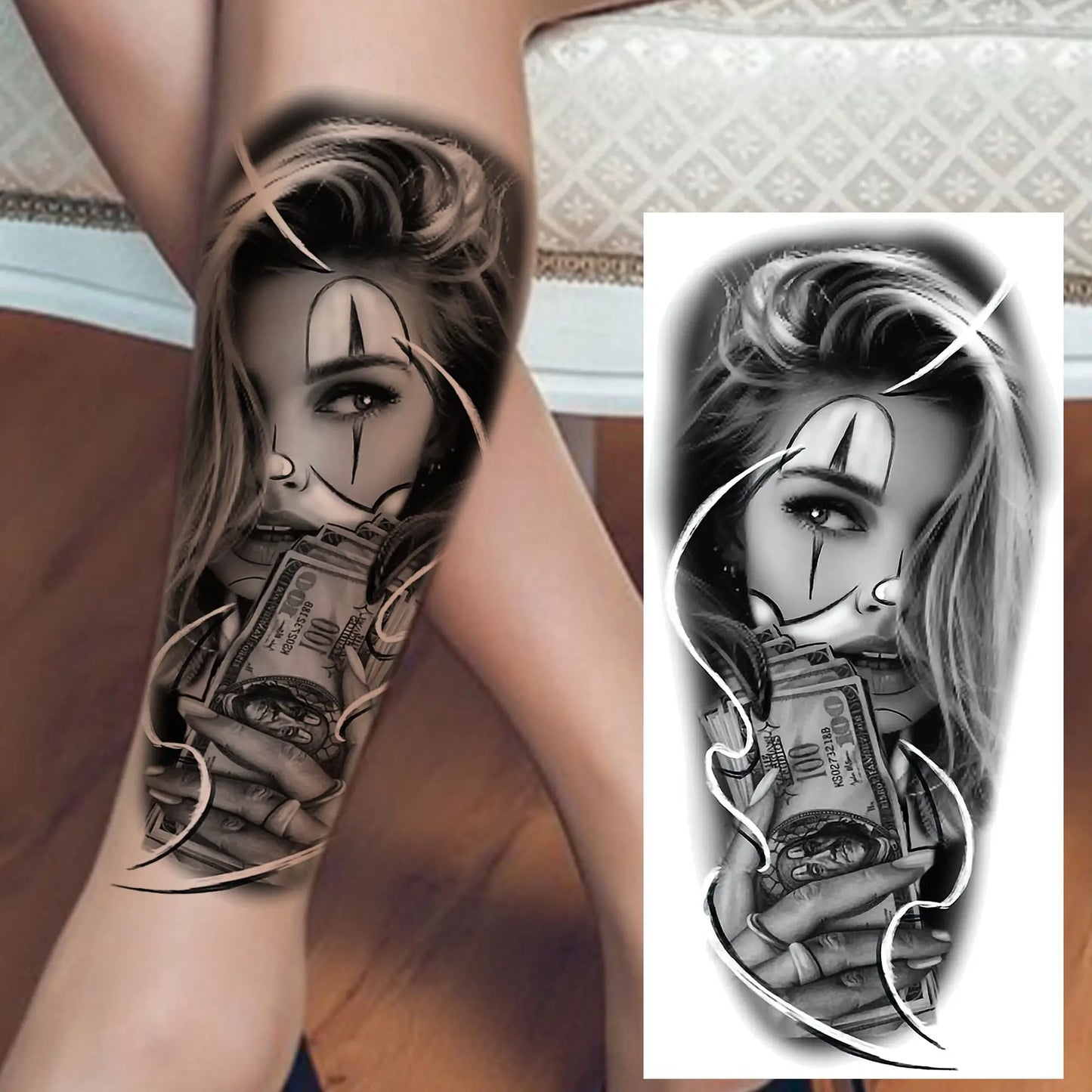 1 Sheet Evil Women Face Joker Mask Temporary Tattoos For Men Women Adults Waterproof Realistic Fake Tattoos Long Lasting Stic