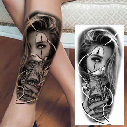 1 Sheet Evil Women Face Joker Mask Temporary Tattoos For Men Women Adults Waterproof Realistic Fake Tattoos Long Lasting Stic
