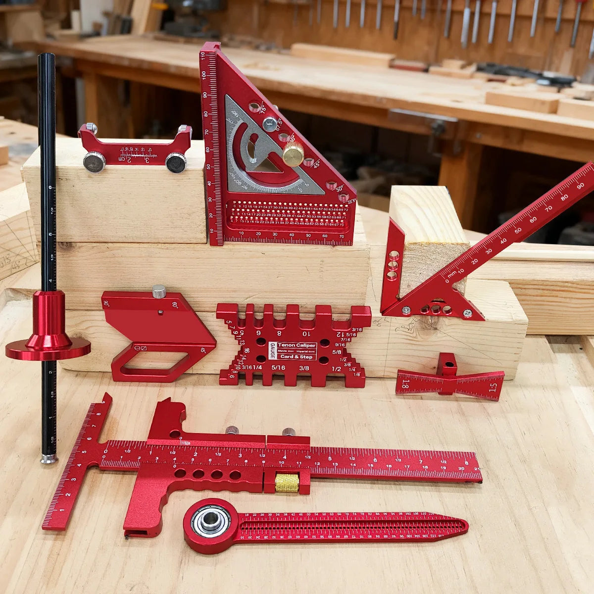 Woodworking Project Combination Set with Box, Including Triangle Ruler, Scriber, Tenon Gauge, Dovetail Gauge, Positioning Cla