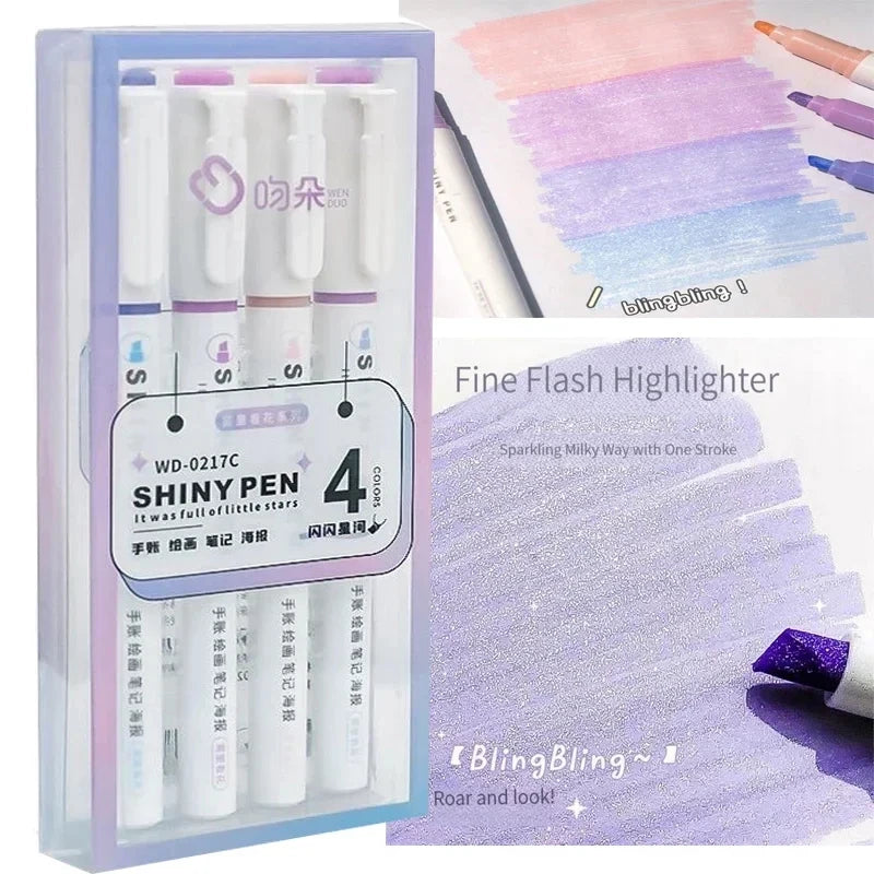 4 Colors/box Kawaii Glitter Highlighter Pen Pastel Fine Pastel Highlighter Marker Scrapbook Painted Stationery School Supplie