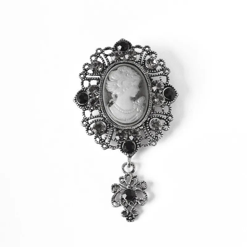 Victorian Crystal Rhinestones Cameo Vintage Brooches For Women Queen's Cameo Beauty Head Brooch Pin Clothing Accessor - D-142