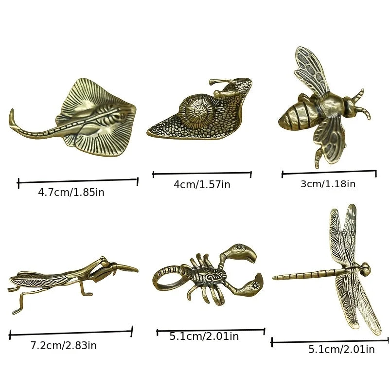 Set of 6 Solid vintage Brass Multi-Style Ornaments, Creative Sculptures of Animals and Plants - 6pcs