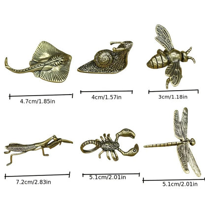 Set of 6 Solid vintage Brass Multi-Style Ornaments, Creative Sculptures of Animals and Plants - 6pcs