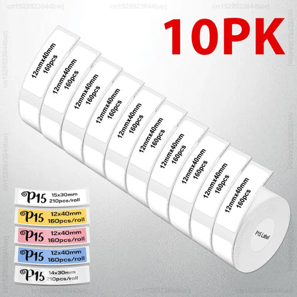 2/5/10Rolls P15 Thermal Label Sticker for Phomemo D30 Q30 Marklife P15 P12 DELI Q2 Label Maker White 12x40mm 15x30mm Label Ta