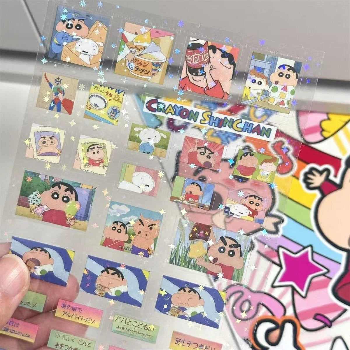 5PCS Crayon Shin Chan Double Transparent Cut Membrane Sticker DIY High-value Hand Account Decoration Laser Transparent Sticke