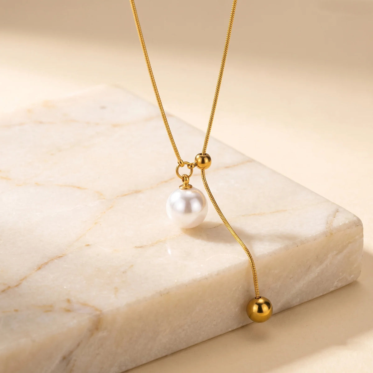 Pearl Lariat Necklace for Women, Gold Plated Stainless Steel Adjustable Slide Chain Y Necklace with Pearl Charm, Dainty Jewel