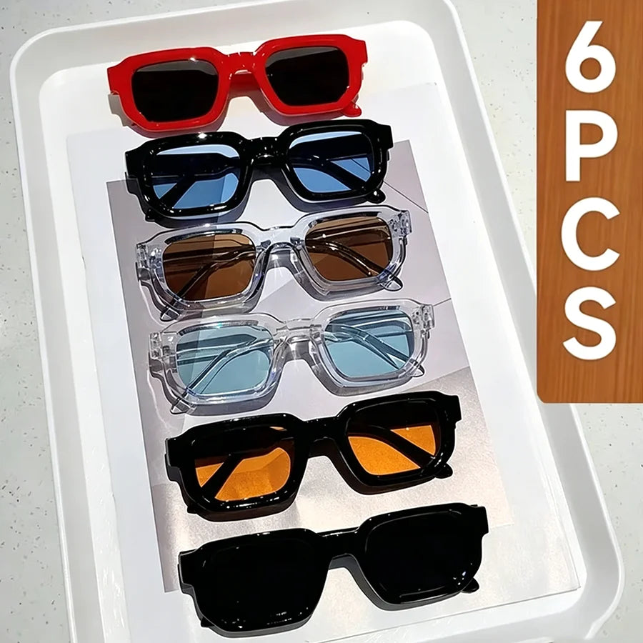 6PCS/Set Women Vintage Rectangle Frame Sunglasses Fashion Retro Sun Glasses Design Glasses Eyewear Men Goggle