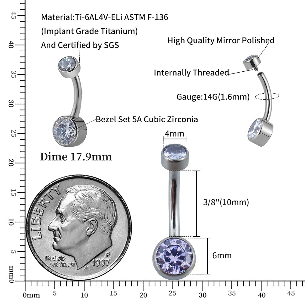 Right Grand ASTM F136 Titanium Belly Button Rings 10mm 12mm with Round CZ Internally Threaded Navel Rings Belly Bars