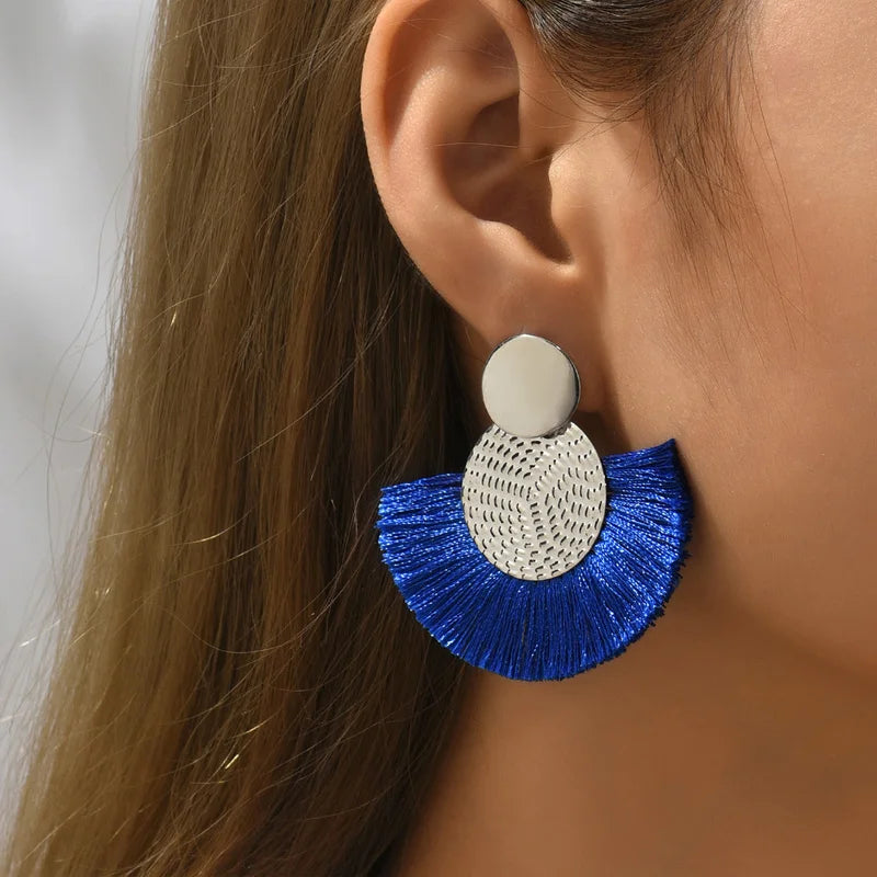 Fashion Bohemian Big Tassel Dangle White Fringe Female Earrings Drop Earrings for Women Statement Wedding Jewelry - blue