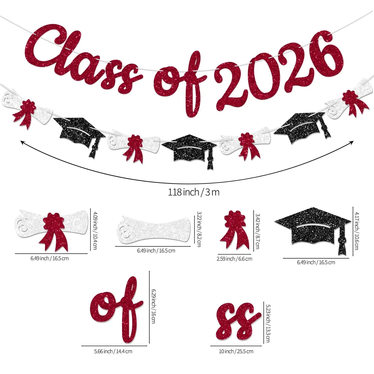 Glitter Gold/Blue/Purple/Red Class of 2026 Banner Graduation Sign with Grad Cap Garland for 2026 Graduation Party Decorations