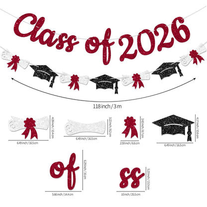 Glitter Gold/Blue/Purple/Red Class of 2026 Banner Graduation Sign with Grad Cap Garland for 2026 Graduation Party Decorations