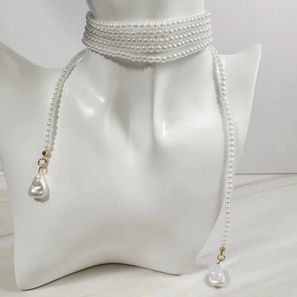 Imitation Pearl Pearl Lariat Necklace Multi Layer Design Teardrop Pendant Multi Layer Necklace Elegant Style Long Chain Lengt