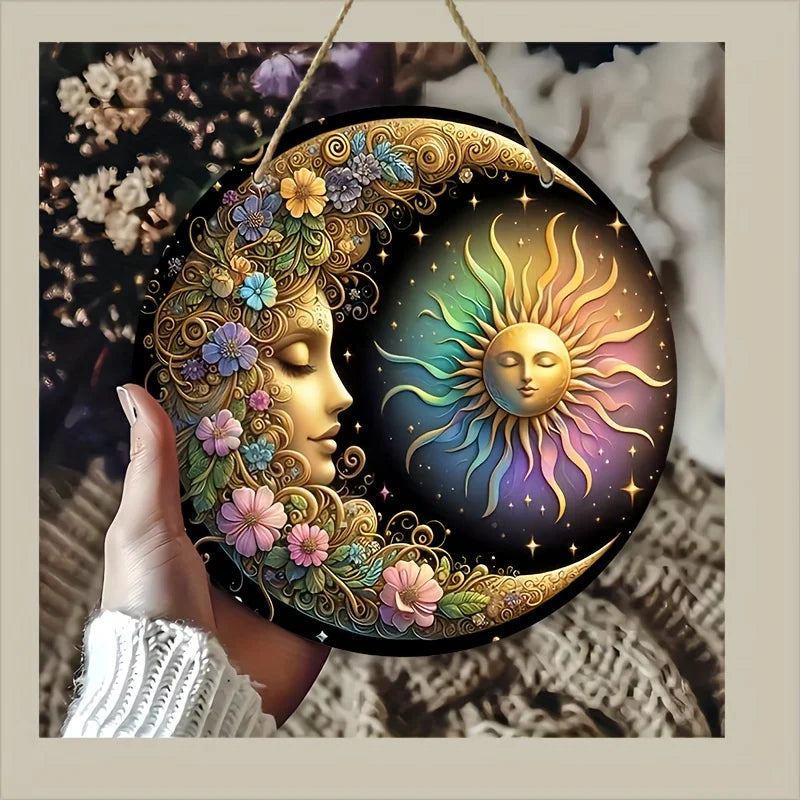 Mandala art style sun and moon wall plate-classic design and manufacture of wooden decorative logo, 8x 8 inches, floral patte