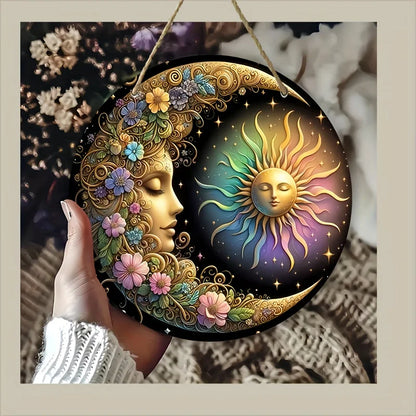 Mandala art style sun and moon wall plate-classic design and manufacture of wooden decorative logo, 8x 8 inches, floral patte