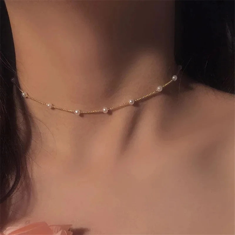 New Beads Women's Neck Chain Kpop Pearl Choker Necklace Gold Color Goth Chocker Jewelry On The Neck Pendant 2022 Collar For G