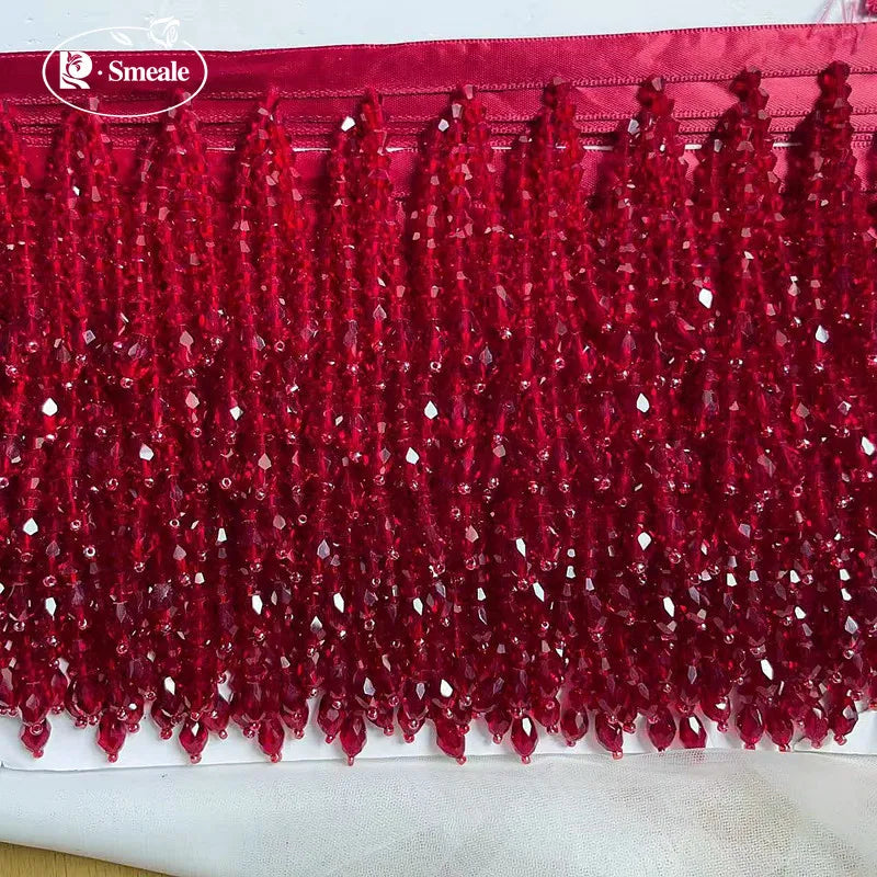 Lace Trim Beaded 2 Yards, Crystal Tassels, 5.5 Cm Wide, Vintage Lace Accent for Sewing, Scrapbooking - Wine red -B / 1Yard