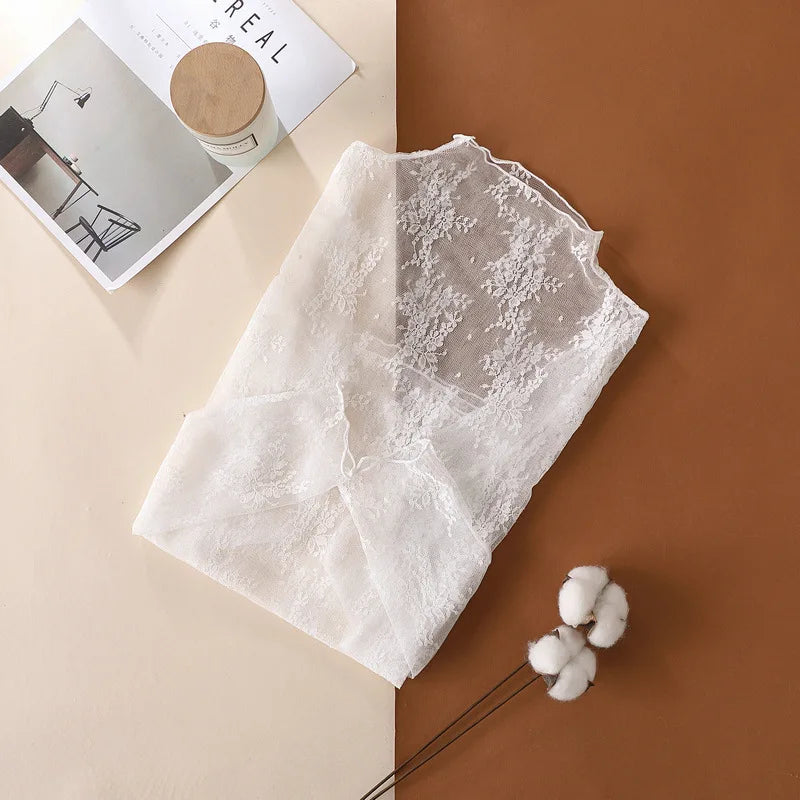 Sexy Women Mesh T-Shirts Transparent Lace Blouse Long Sleeve See Through Tops For Women Bottoming Shirt Sheer Tees Body Crop 